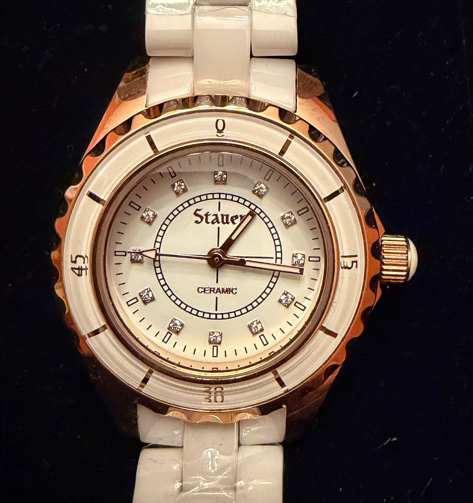 Stauer Ladies 34mm Ceramic Watch, white and rose gold tone, NEW in box