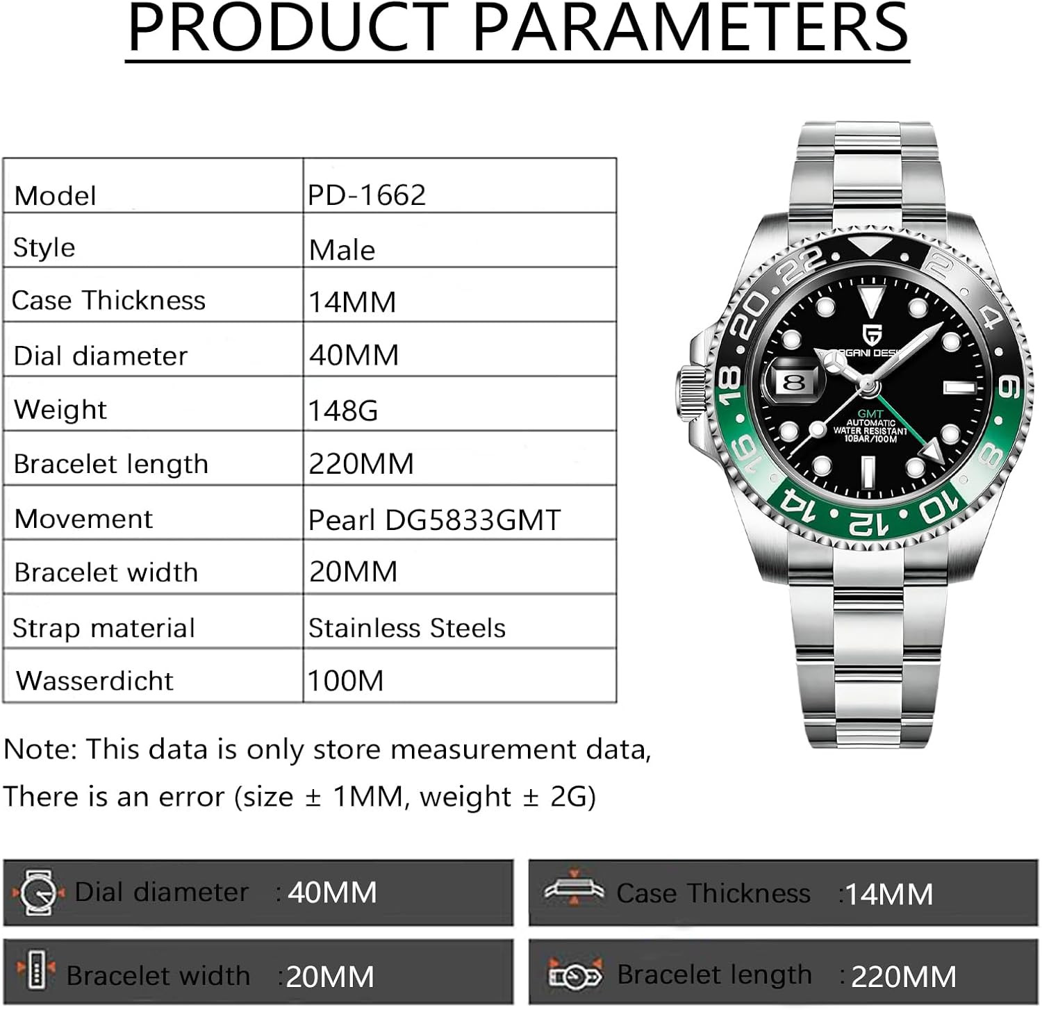 Pagani Design Men’s GMT Automatic Stainless Steel Mechanical Watch