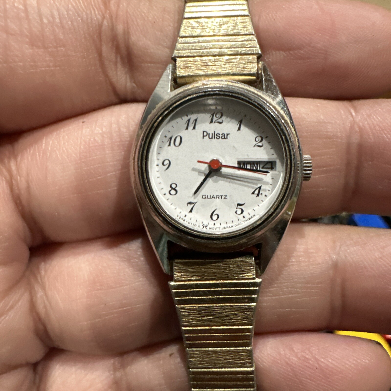Works Vintage Pulsar Ladies Quartz Watch, V248-0060, New Battery, Gold Bracelet