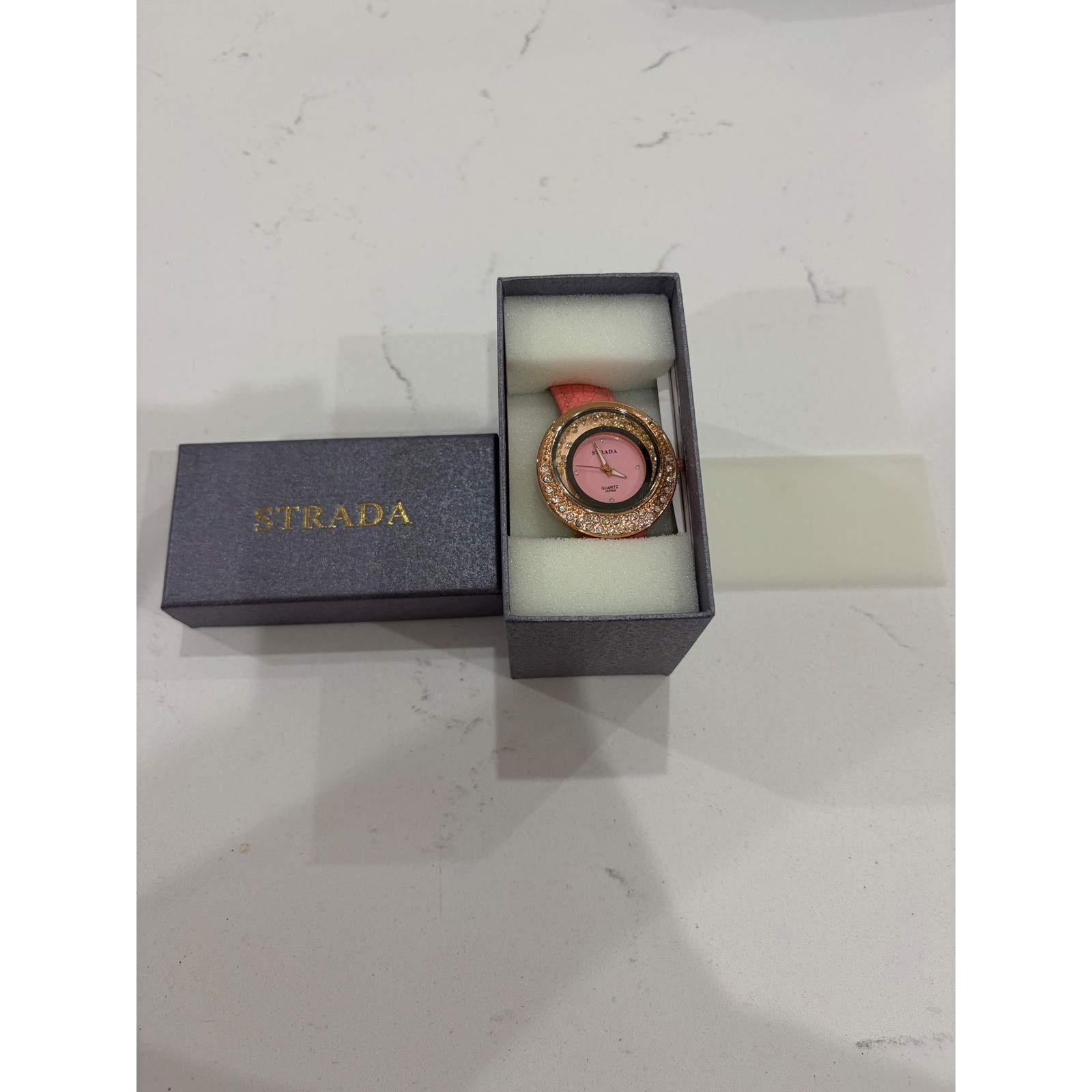 Strada Womens Pink Dial Rose Gold Tone Rhinestone Floating Crystal Quartz Watch