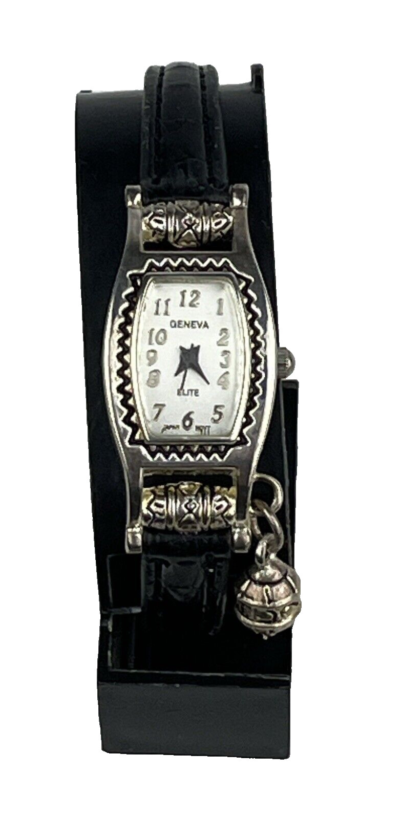 Geneva Elite Women’s Watch Silver tone Scroll Bezel & Charm Blk Band New Battery