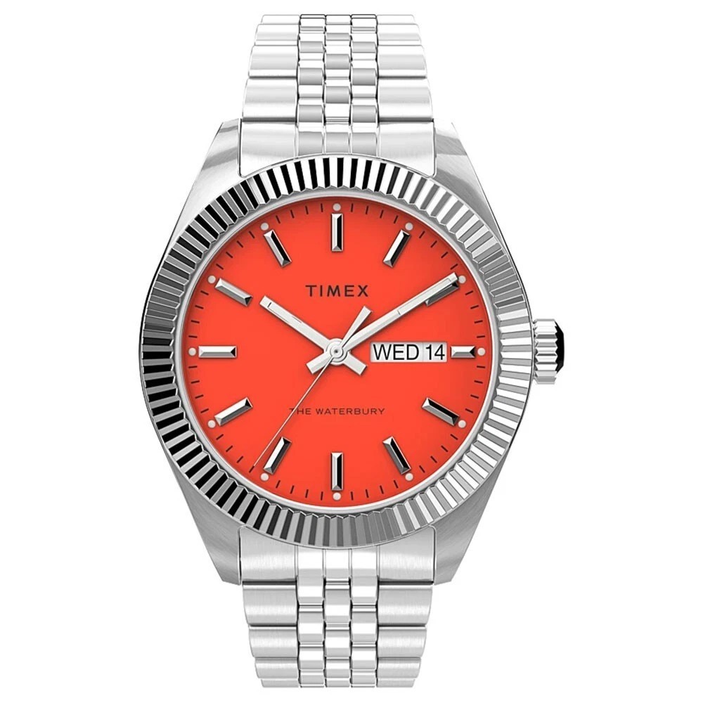 New Timex Waterbury Legacy Stainless Steel 41mm Silver Orange Watch TW2V17900