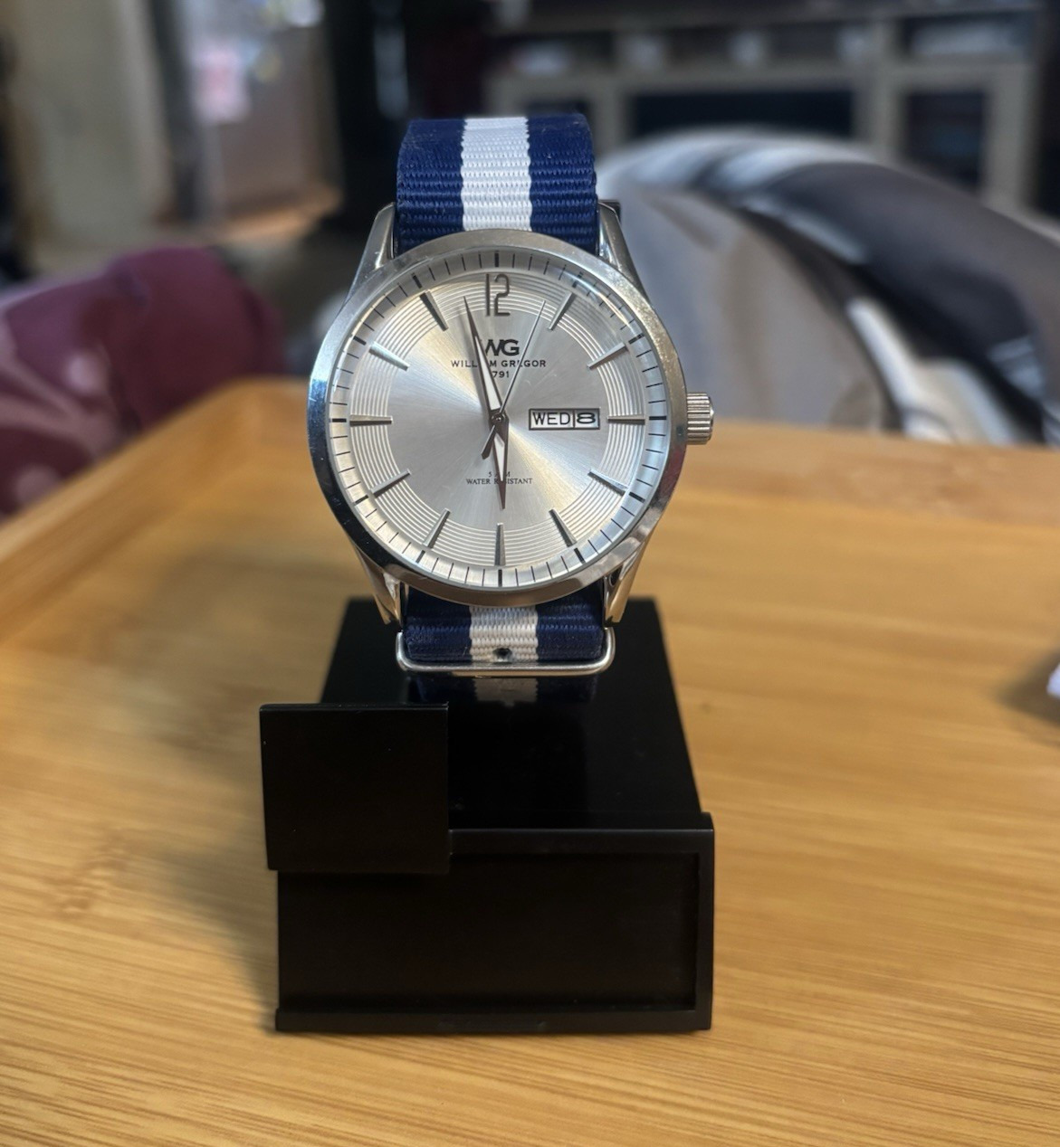 William Gregor 1791 Quartz Watch Silver Dial Blue/White Nylon Strap Day/Date 50M