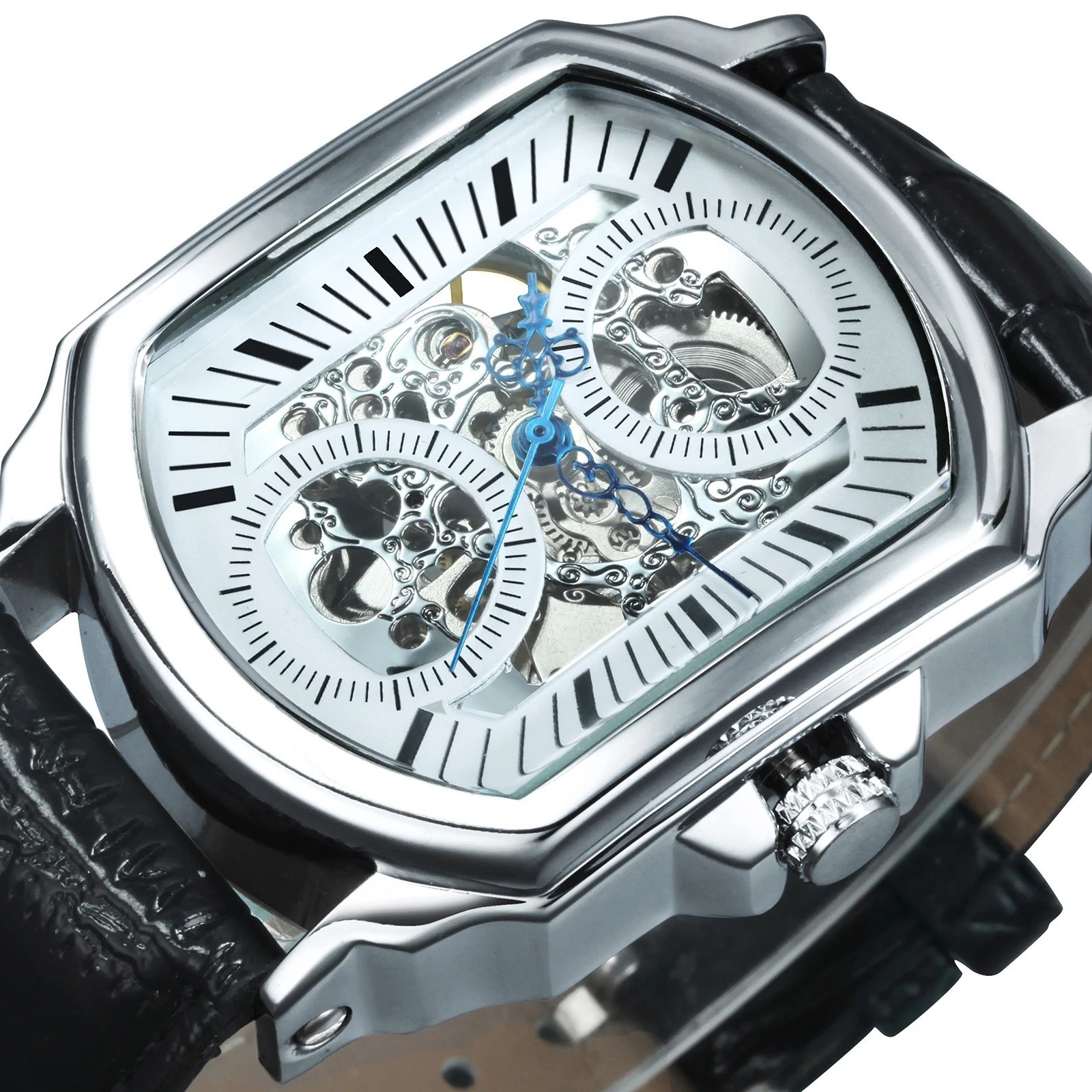 Luxury Mechanical Skeleton Watch Men Blue Hands Automatic Leather Strap Gift