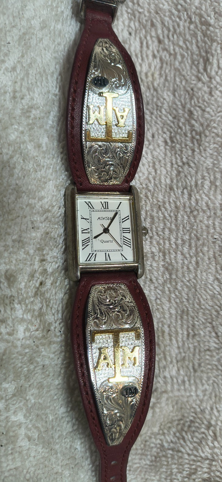 Montana Silversmiths Quartz Watch Men Gold Texas A&M Logo Leather New Bat Great