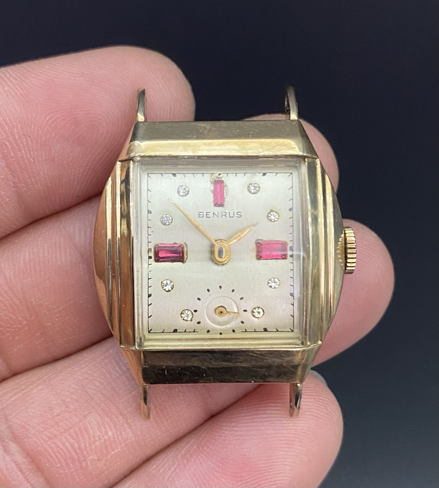 Benrus Vintage 27mm 10K Rolled Gold Plate Bezel Jeweled Dial Swiss Watch – Works