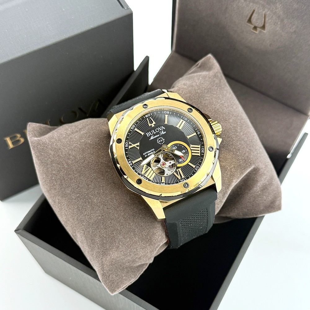 Men’s Bulova 98A272 Marine Star Automatic Silicone Black/Gold Dial Watch 45mm