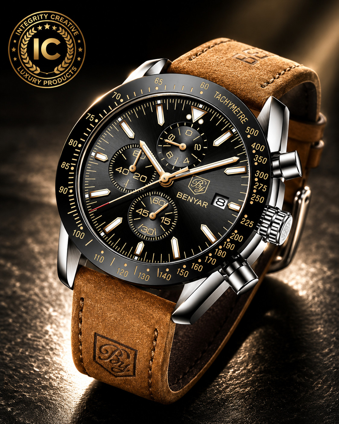 Mens Aviator Watch 45 Quartz Movement Brown Leather Strap Black Dial Wristwatch