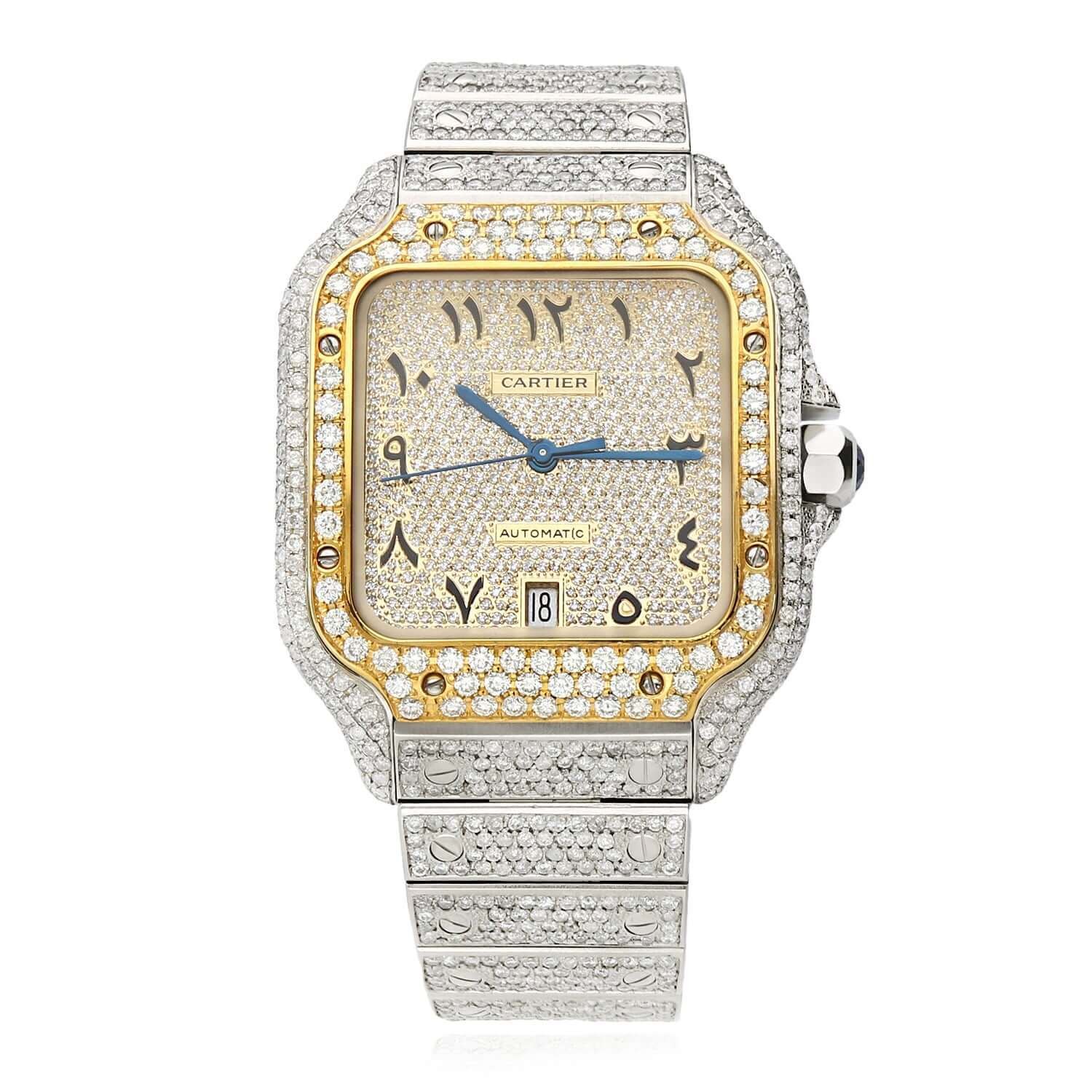 10CTW Natural Diamond Cartier Santos WSSA0018 Custom Full Pave Arabic Dial Autom