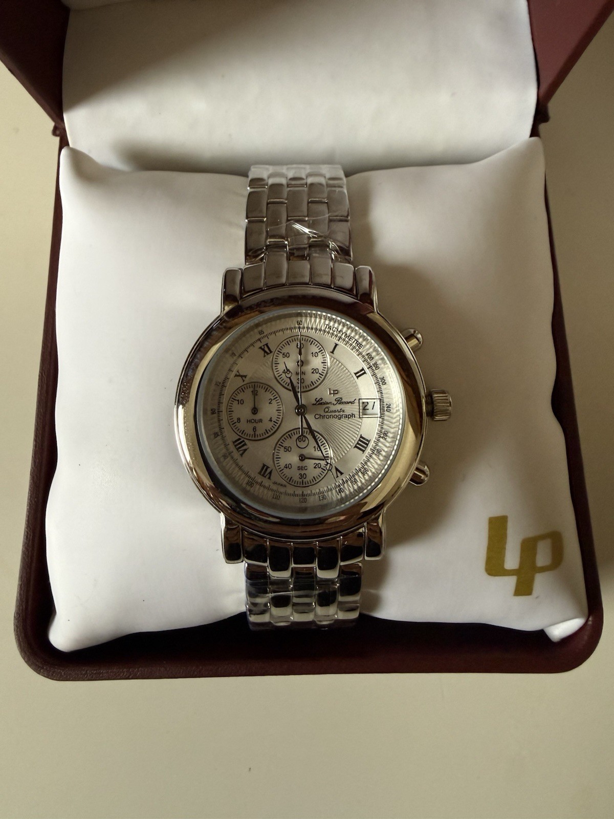 Lucien Piccard Chronograph Quartz Date Silver Dial Roman SS Bracelet w/Box