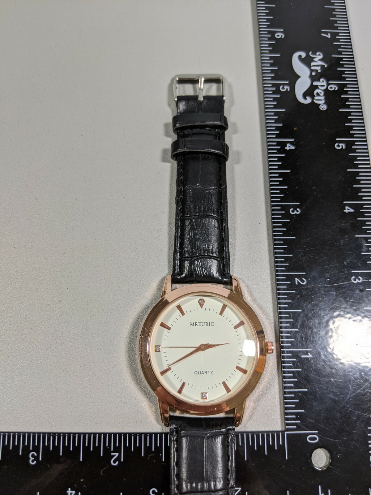 Mreurio White Dial Rose Gold Tone Round Case 40 mm Black Faux Leather Band Watch