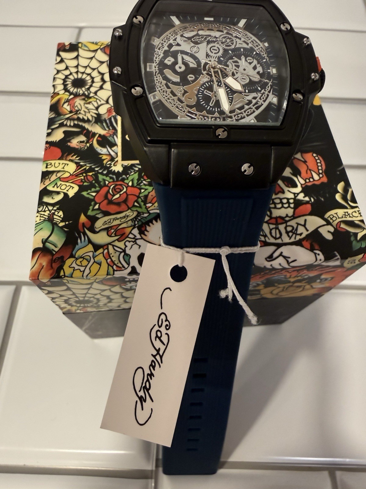 Ed Hardy Quartz Skeleton Watch Blue Silicone Strap 3 ATM w/ Box