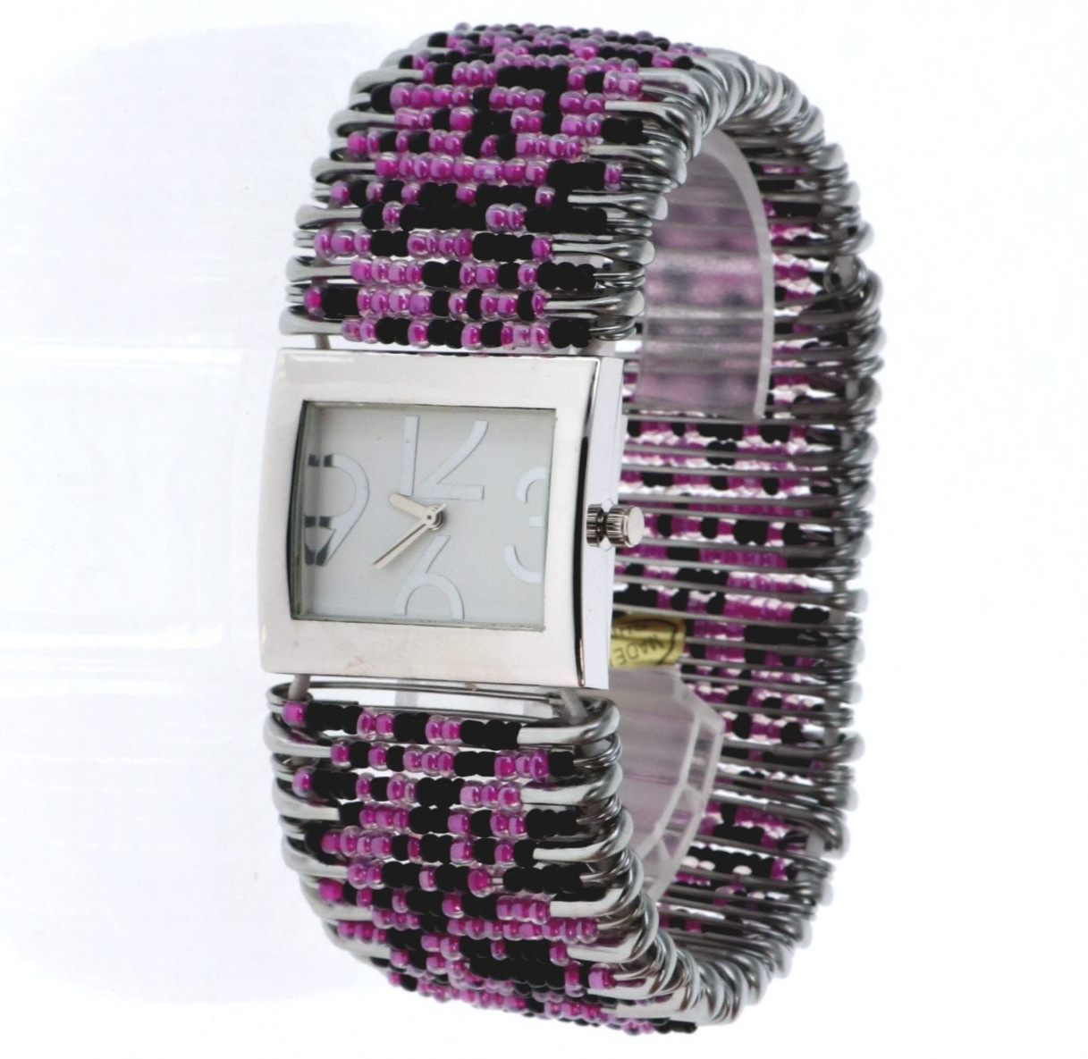 Purple & Black Safety Pin Beaded Watch New with New Battery