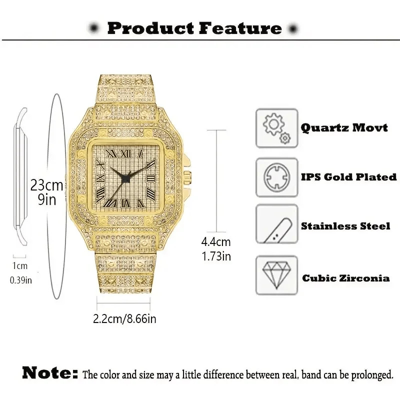 Classic Luxury Business Men’s Steel Strap Square Roman Scale Rhinestone