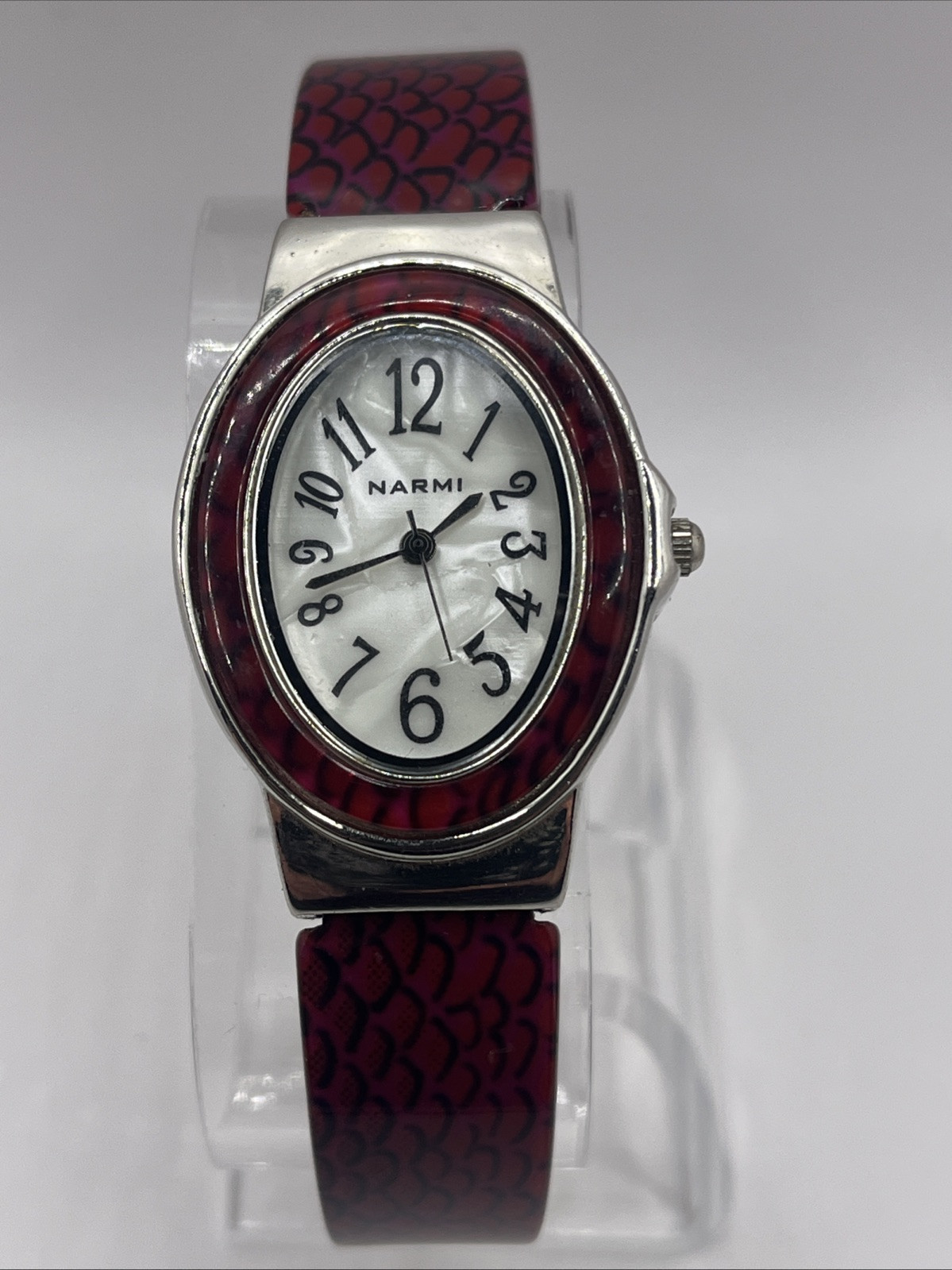 Narmi Women’s Quartz Watch Pearlized Dial Red Bangle Band- New Battery