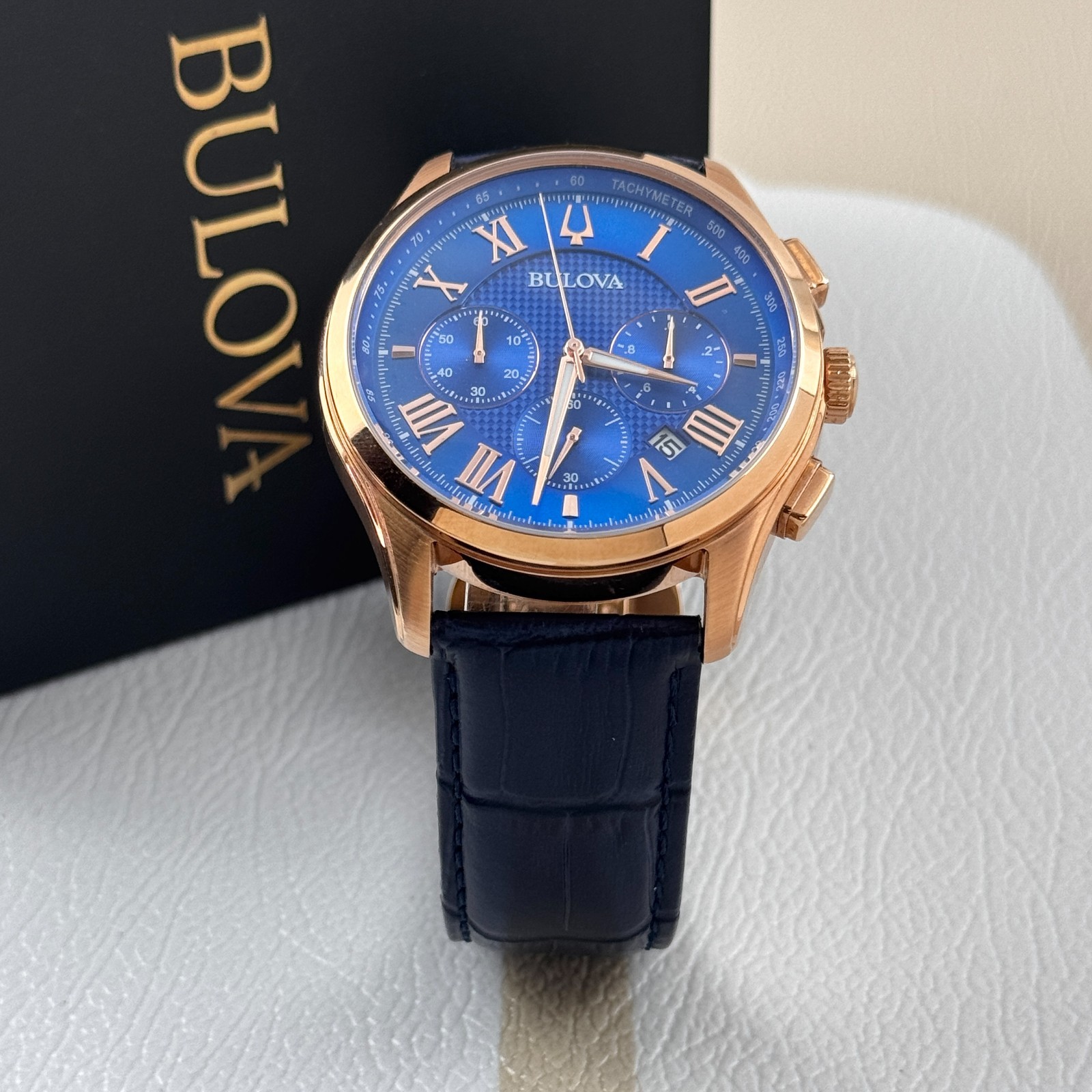 Bulova Men’s Classic Wilton 97B170 Blue Dial Leather Strap Quartz Watch 46.5 mm