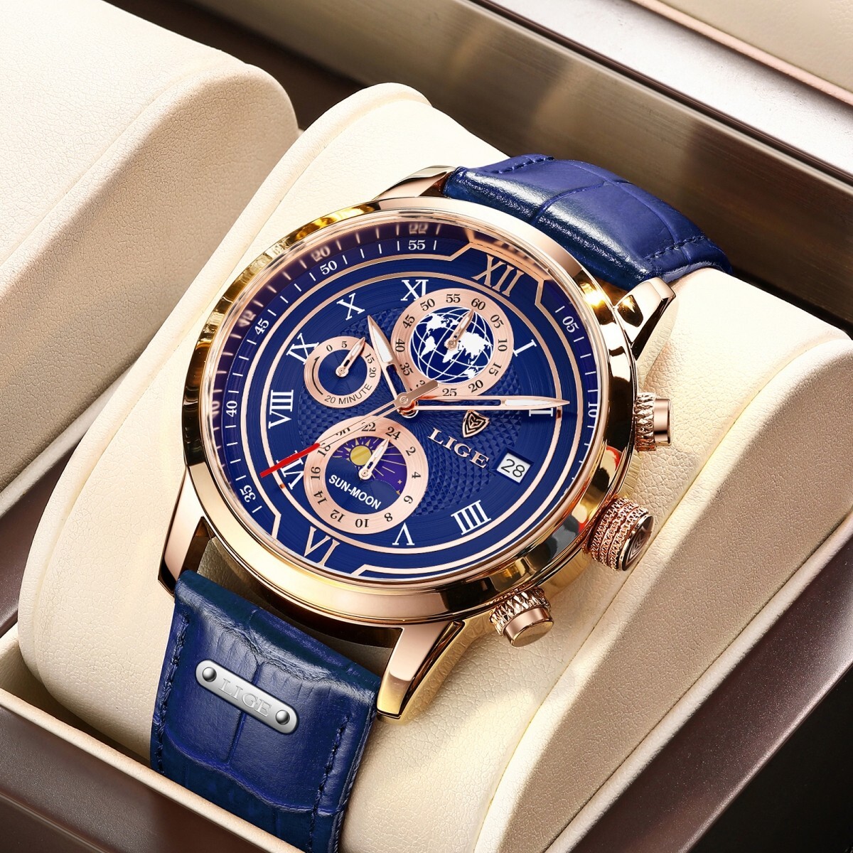 Men’s Luxury Watch Quartz Moon Phase Date Waterproof Business Male Wristwatch