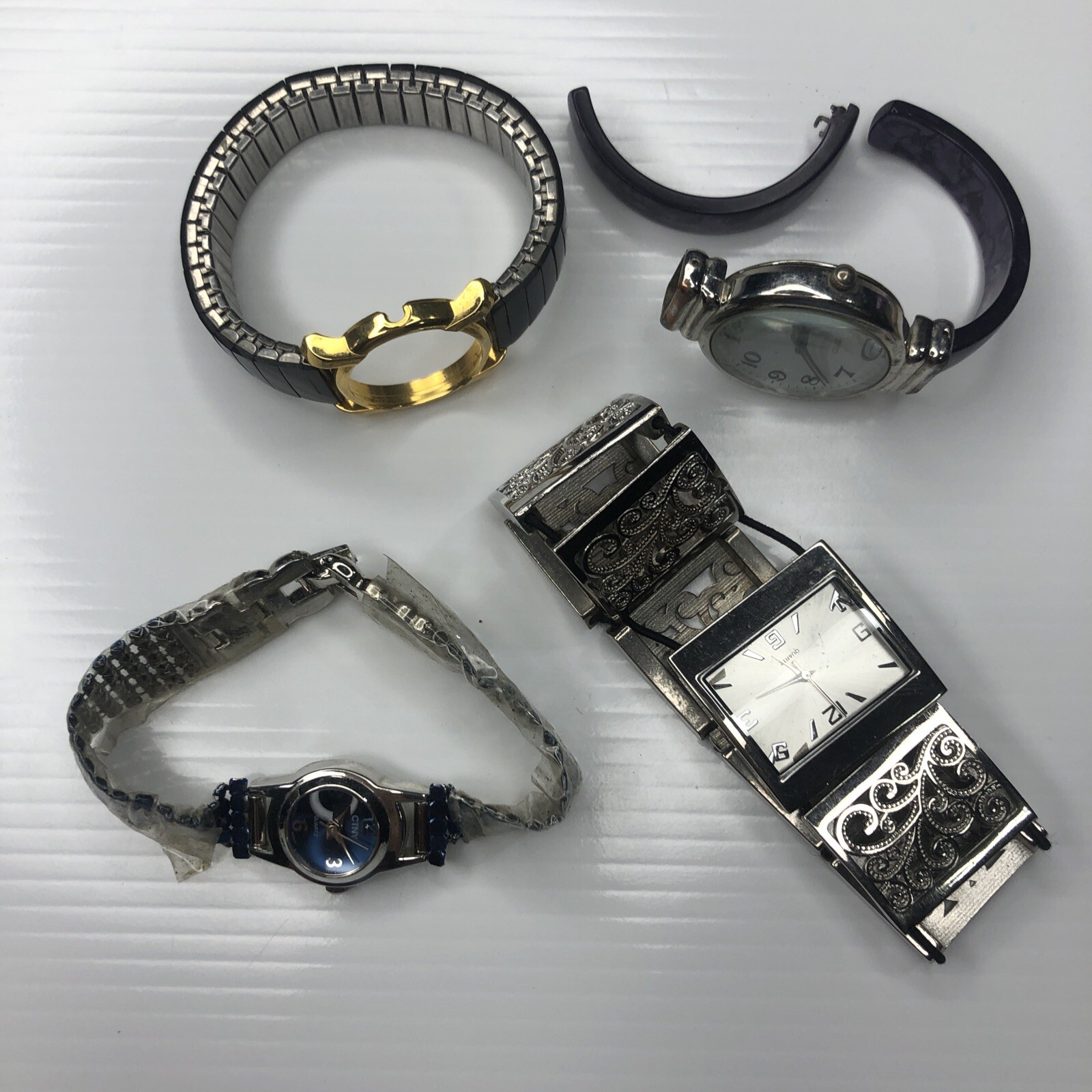 F Eikon CTNY Purple Blue Stainless Retro Stretch Cuff Watch Repairs Untested