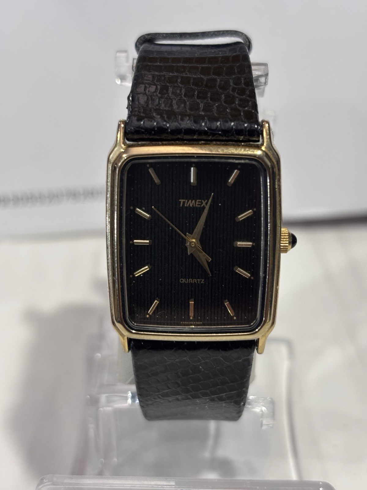 Timex Quartz Tank Black Striped Dial 26mm Gold Tone St.Steel Black Strap Vintage