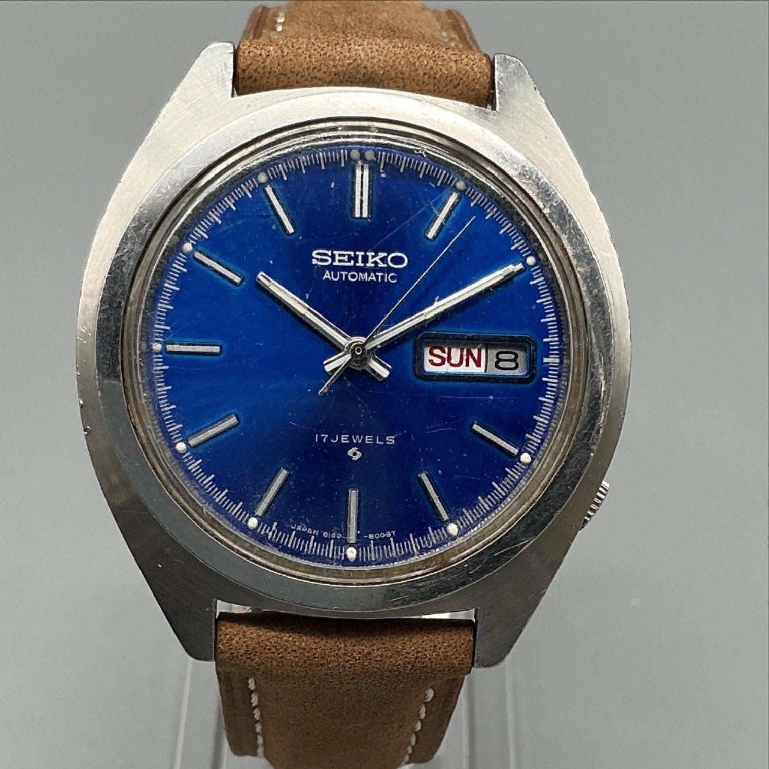 Vintage Seiko 6109-8000 Mens Watch 38mm Blue Dial Date Brown Leather Automatic