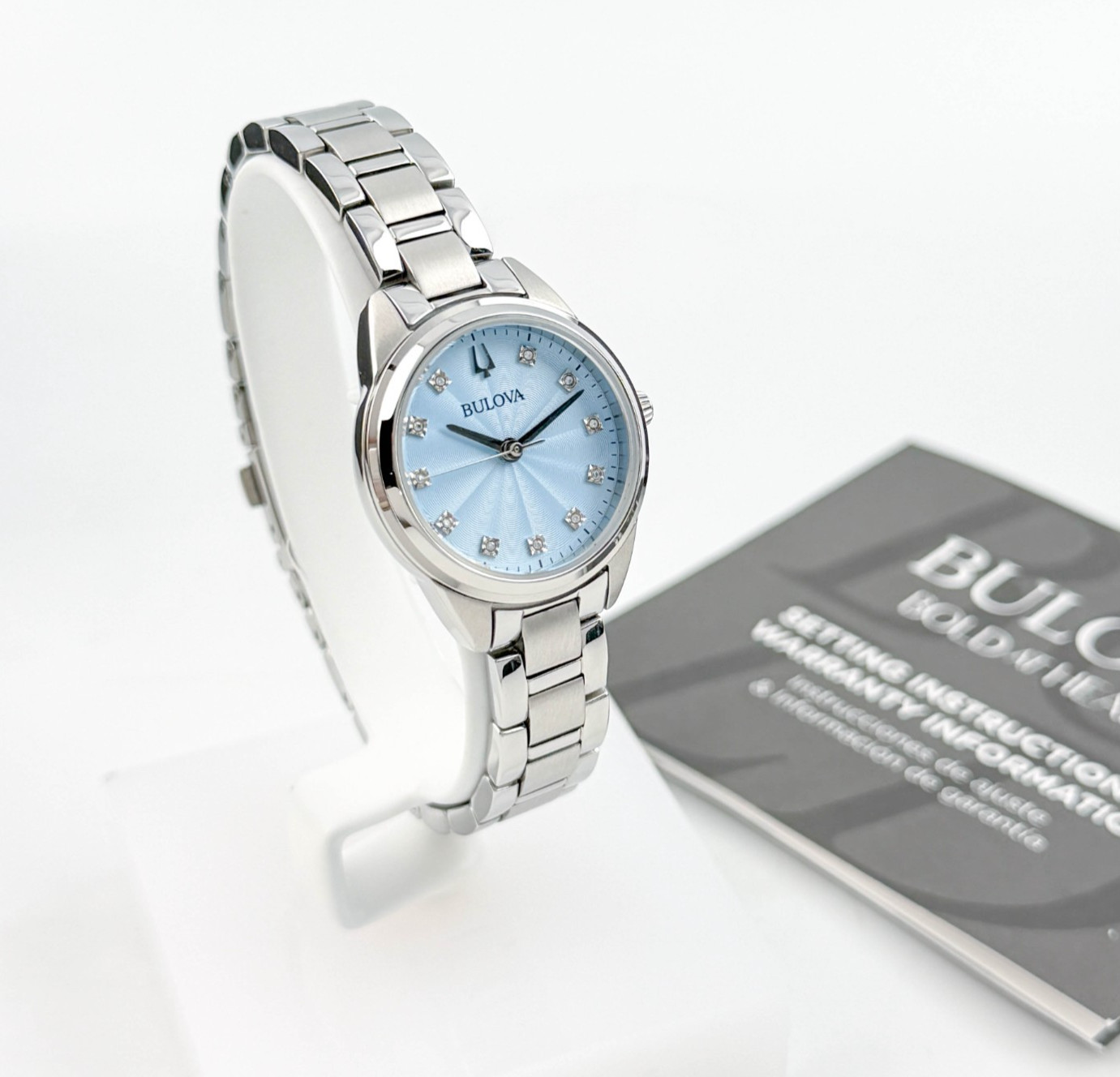Bulova Ladies Sutton 96P250 Quartz Steel Watch Diamond Accent Light Blue Dial