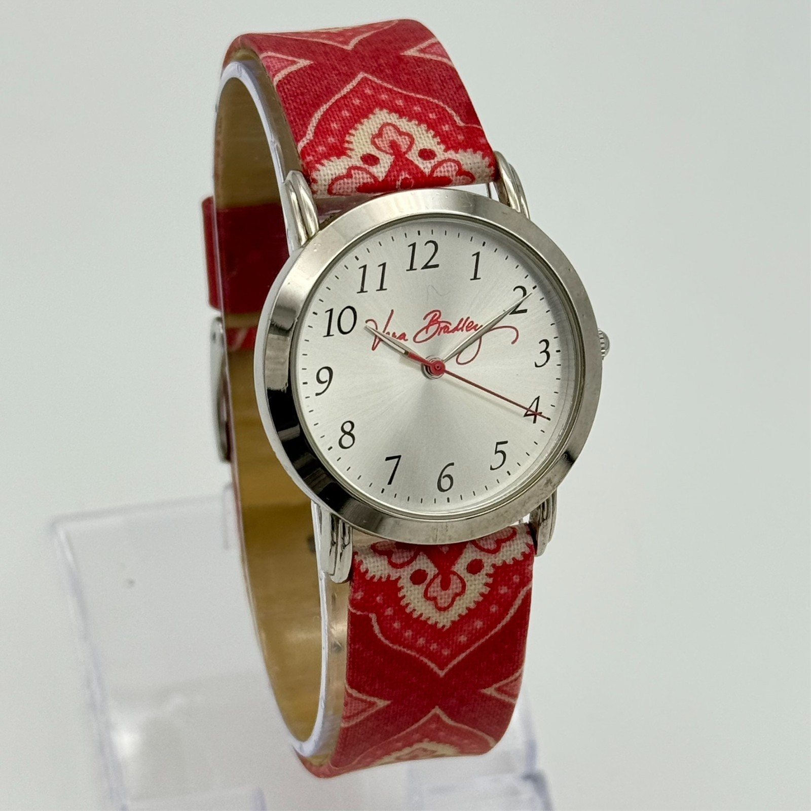Ladies VERA BRADLEY Red Floral Design Watch, Multicolor Band Silver Tone Case