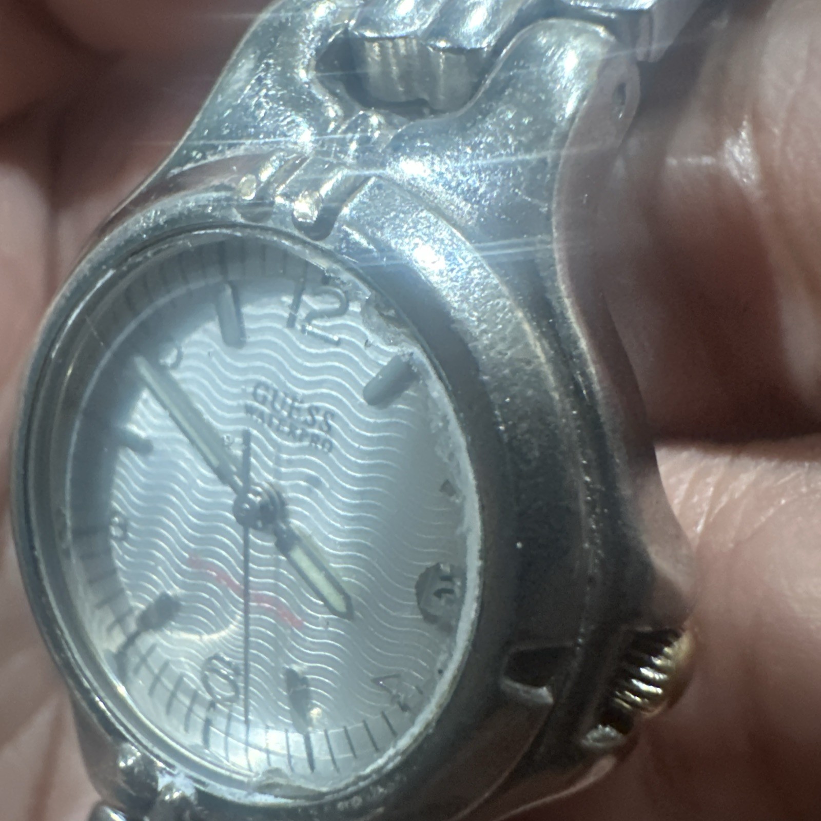 Works Guess Waterpro Watch Womens 25mm Date Silver Tone New Battery Fit 6.5in