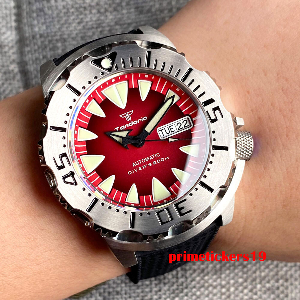 Tandorio 42mm Monster NH36A Men Automatic Dive Watch Date Week Red Dial Sapphire