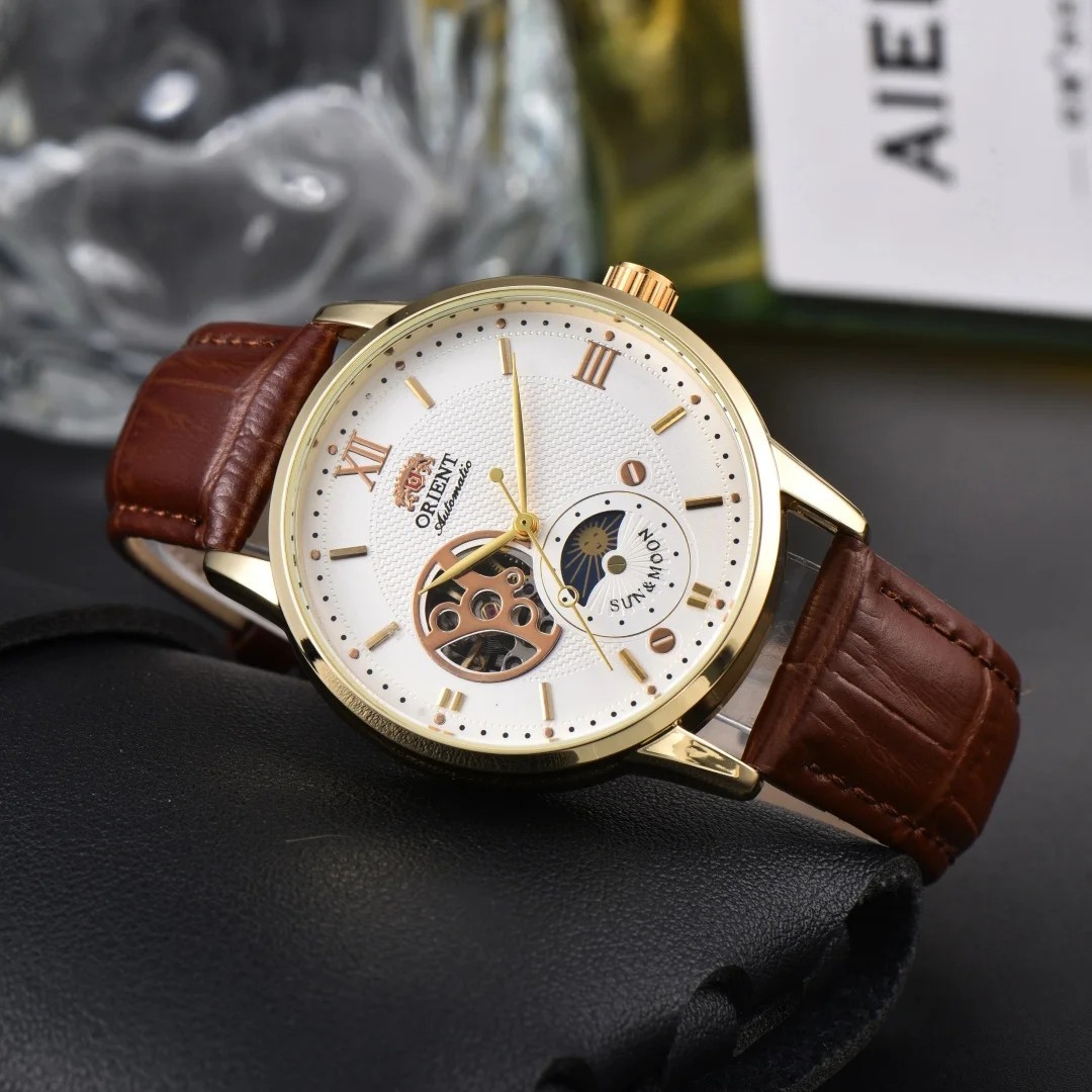 Sun & Moon Semi Skeleton Automatic Watch Men’s Leather Strap Luxury Gift