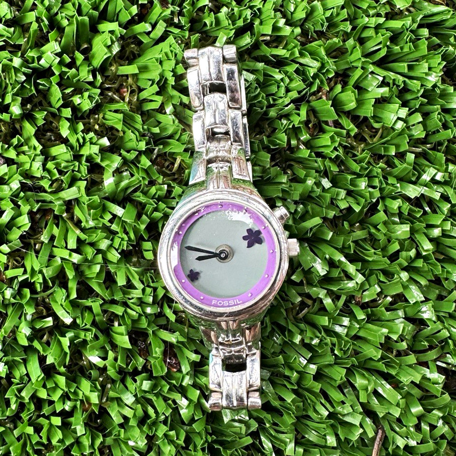 Fossil Ladies Watch Purple Bezel Flower Dial AS-IS Missing Case Back Repair