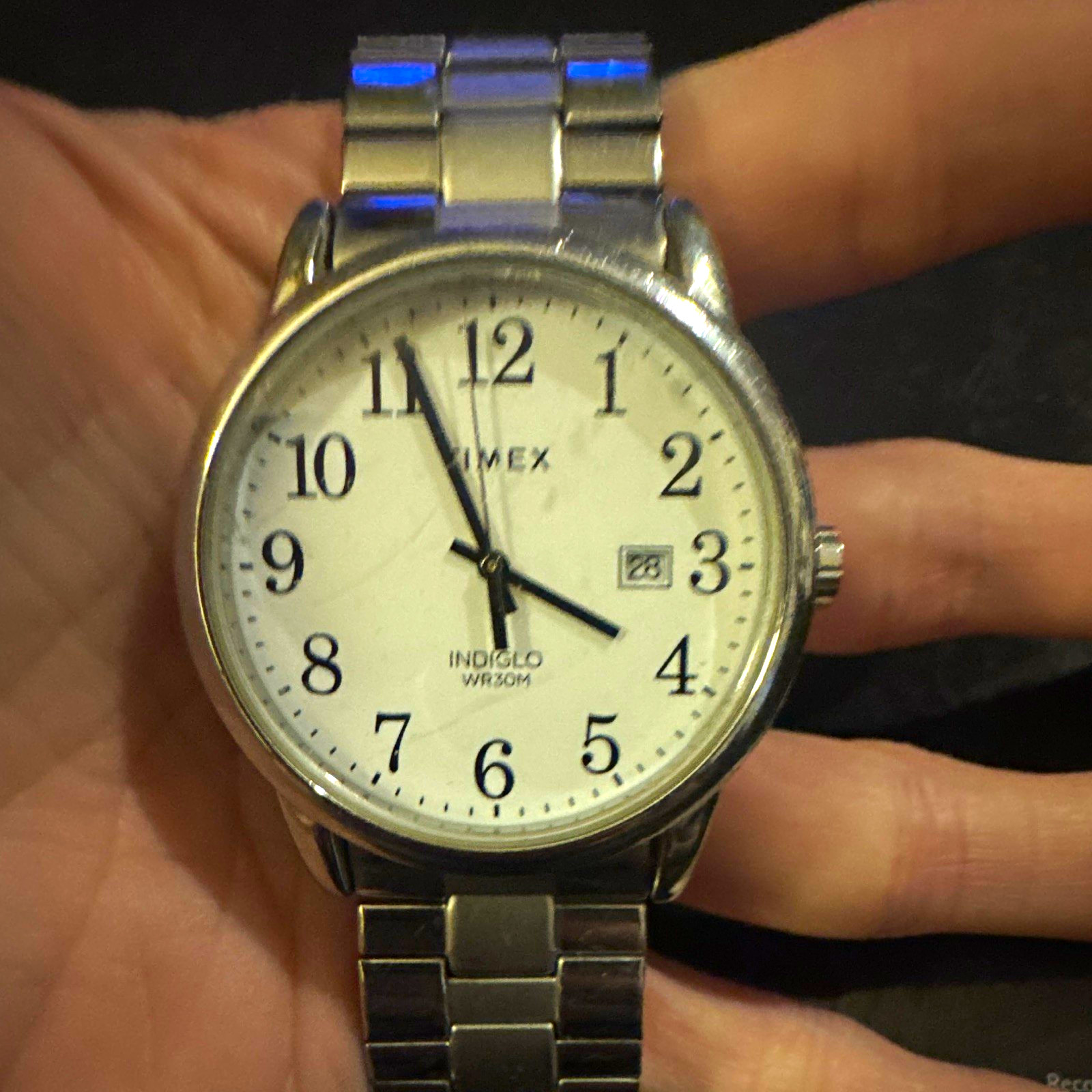 Timex Indiglo WR30M Quartz Analog Watch Date 30m WR White Dial Silver Bracelet