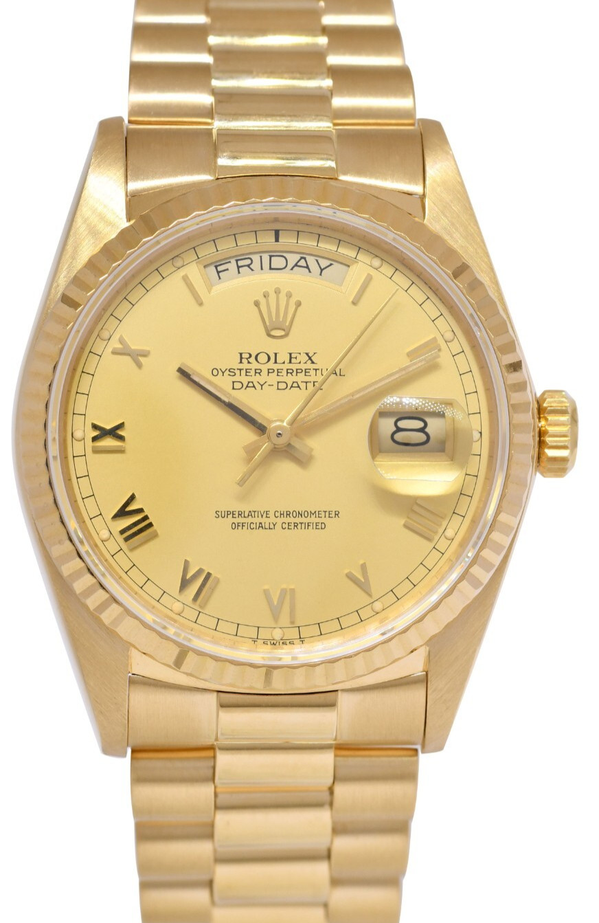 Rolex Day-Date 36 President 18k Yellow Gold Champagne Roman Dial Watch ’86 18038