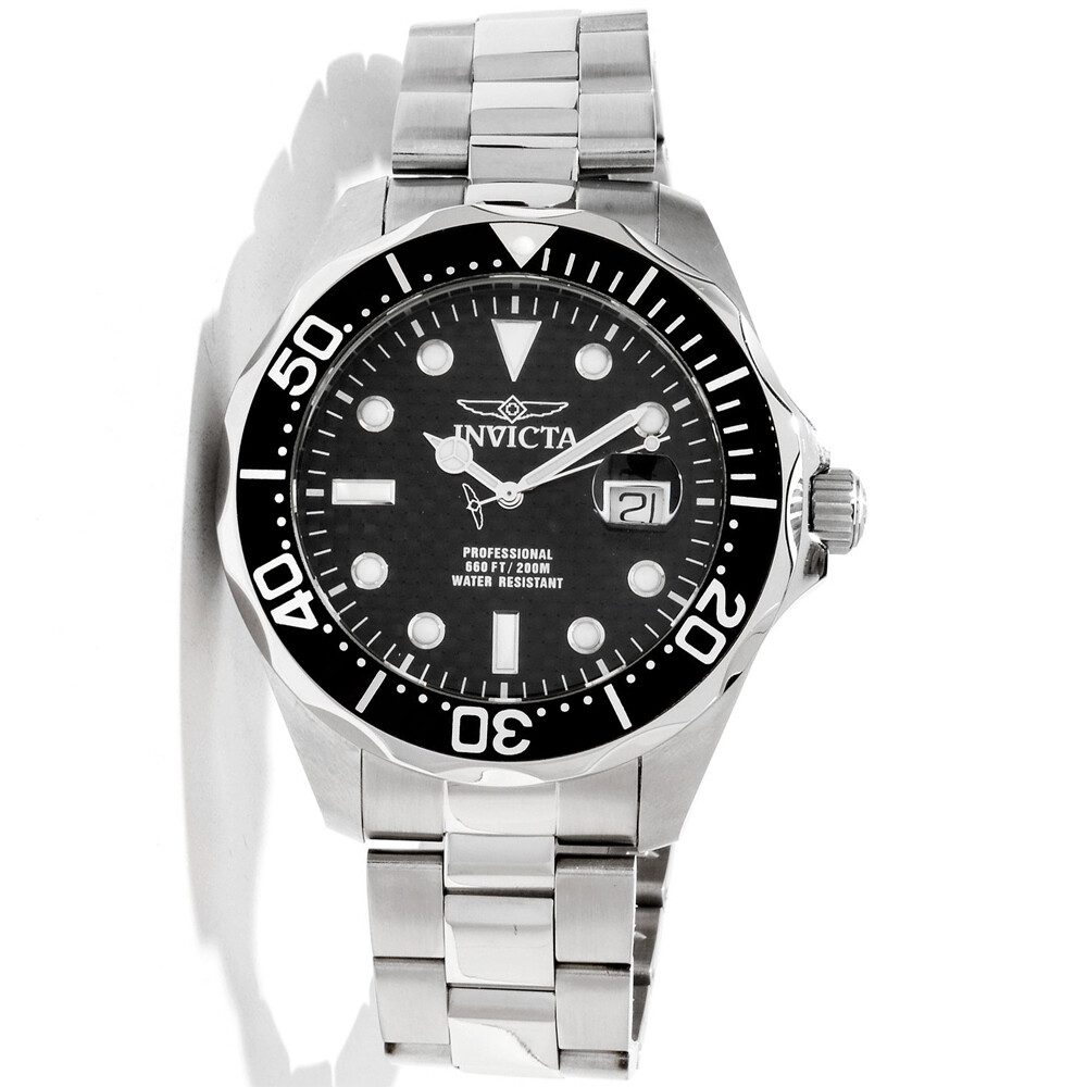 Invicta Men’s Watch Pro Diver Silver SS Bracelet Black Carbon Fiber Dial 12562