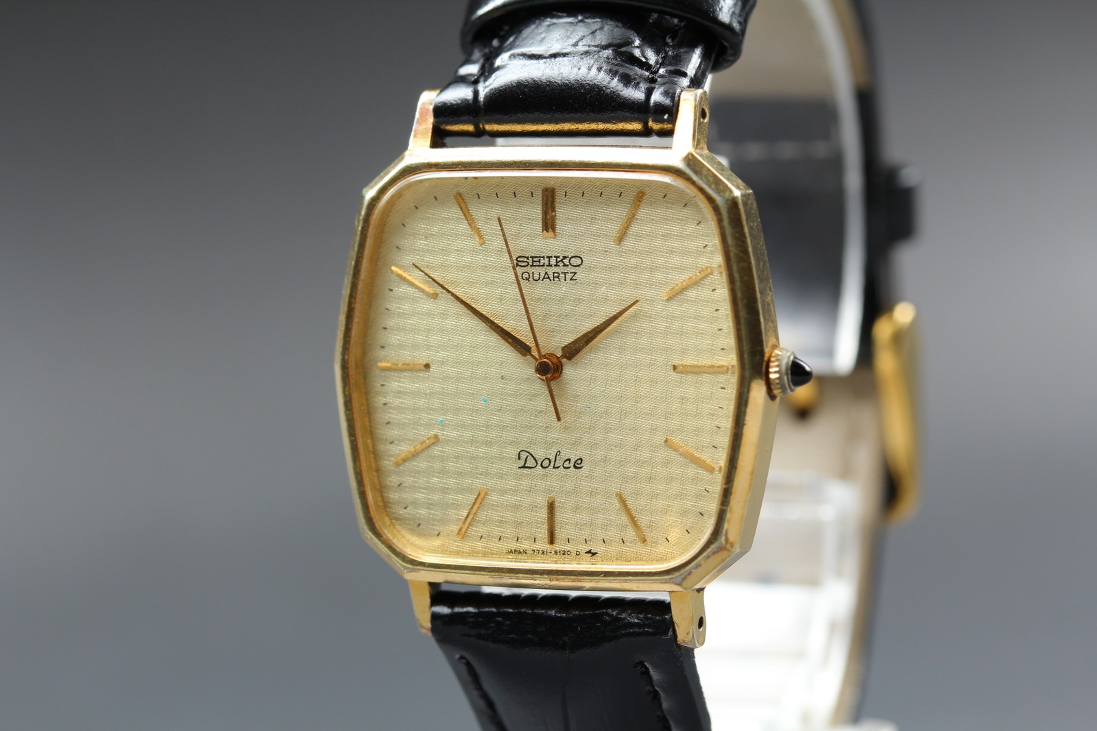 [Exc+5] SEIKO Dolce 7731-5120 29mm Gold Dial Balck band Quartz Men’s Watch JAPAN