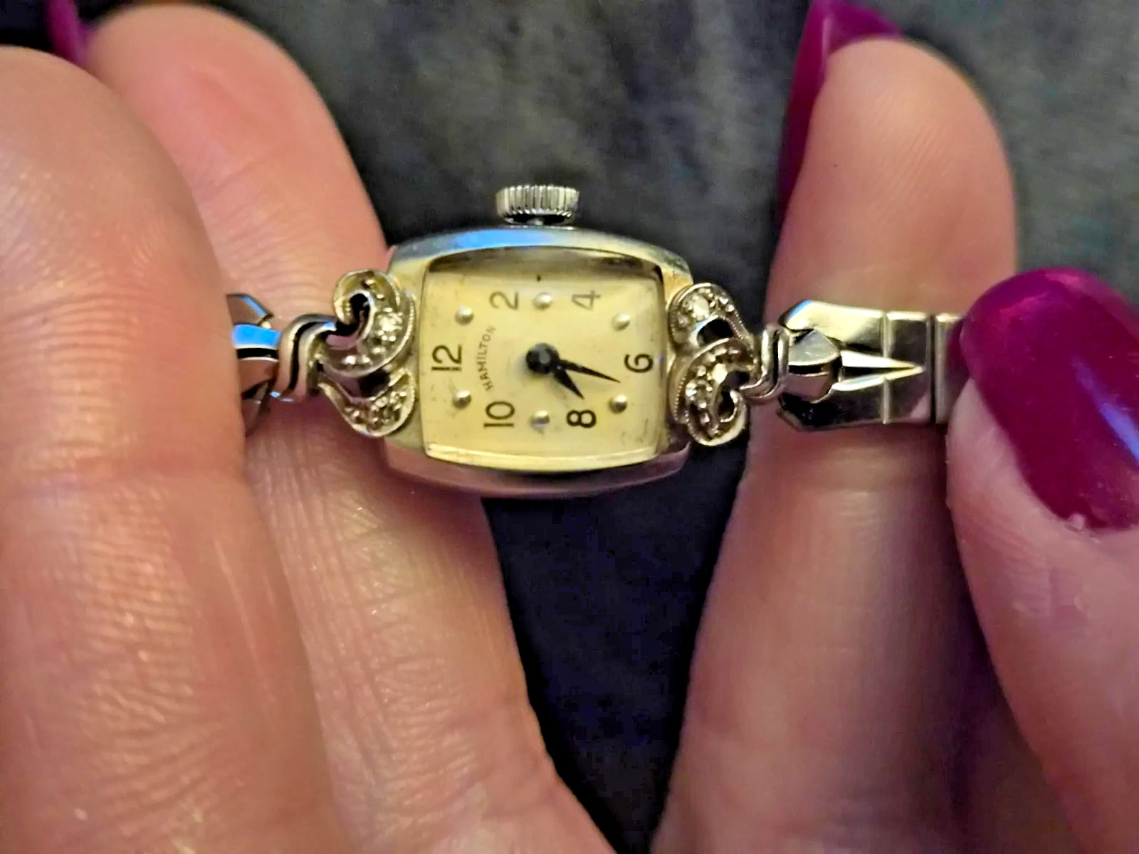 HAMILTON Windup Womens Watch 14K white Gold with diamonds flex band ~ WORKING