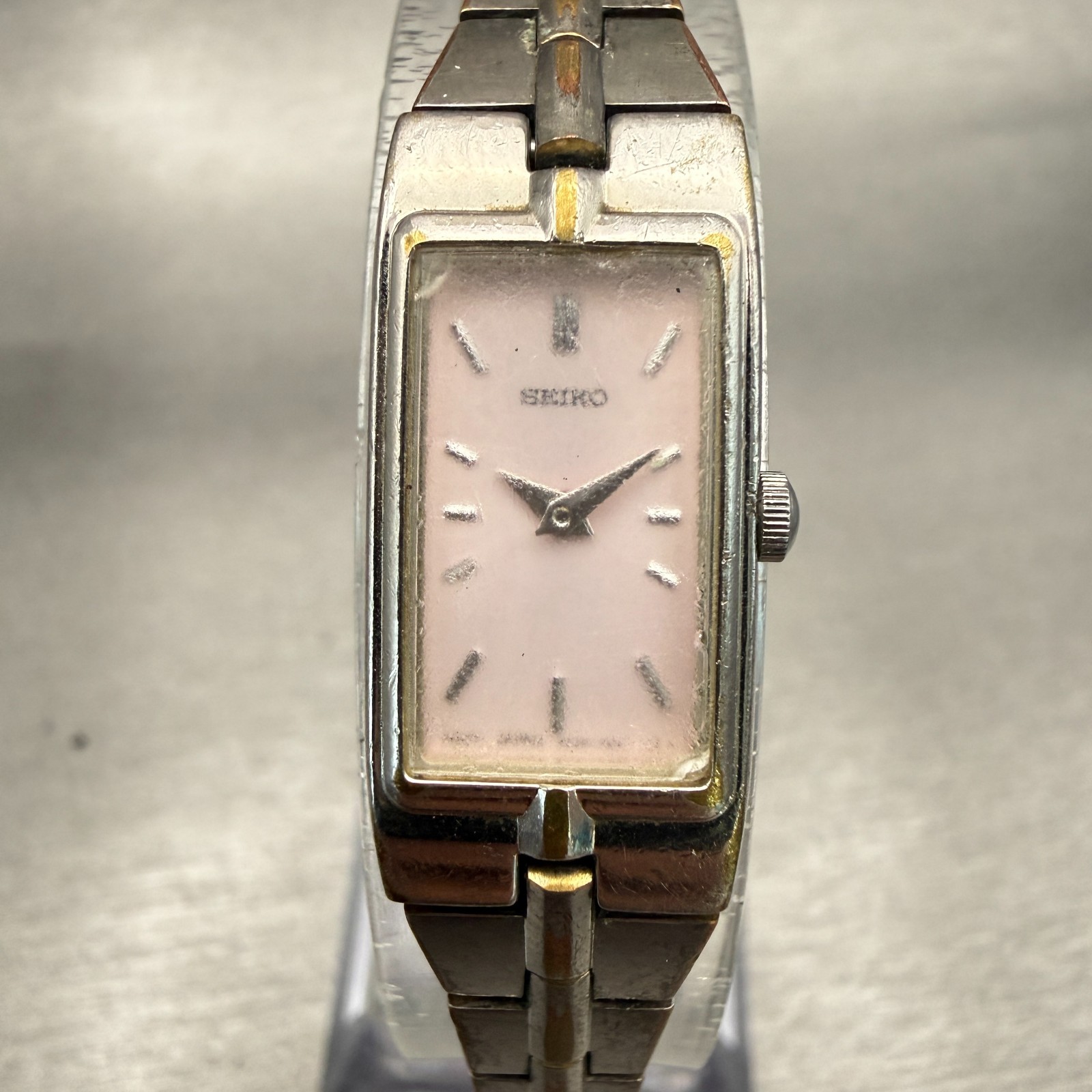 Seiko Watch Women 13mm Pink Dial Silver Tone Rectangle 2E20-0AY0 New Battery VTG