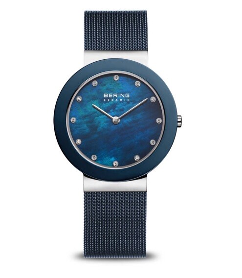 New! Bering Time Ceramic Polished Silver Stainless Steel Blue Watch 11435-387
