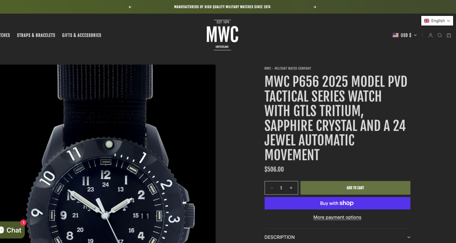 MWC P656 PVD Automatic Tactical Pilot Watch with GTLS Tritium & Sapphire Crystal