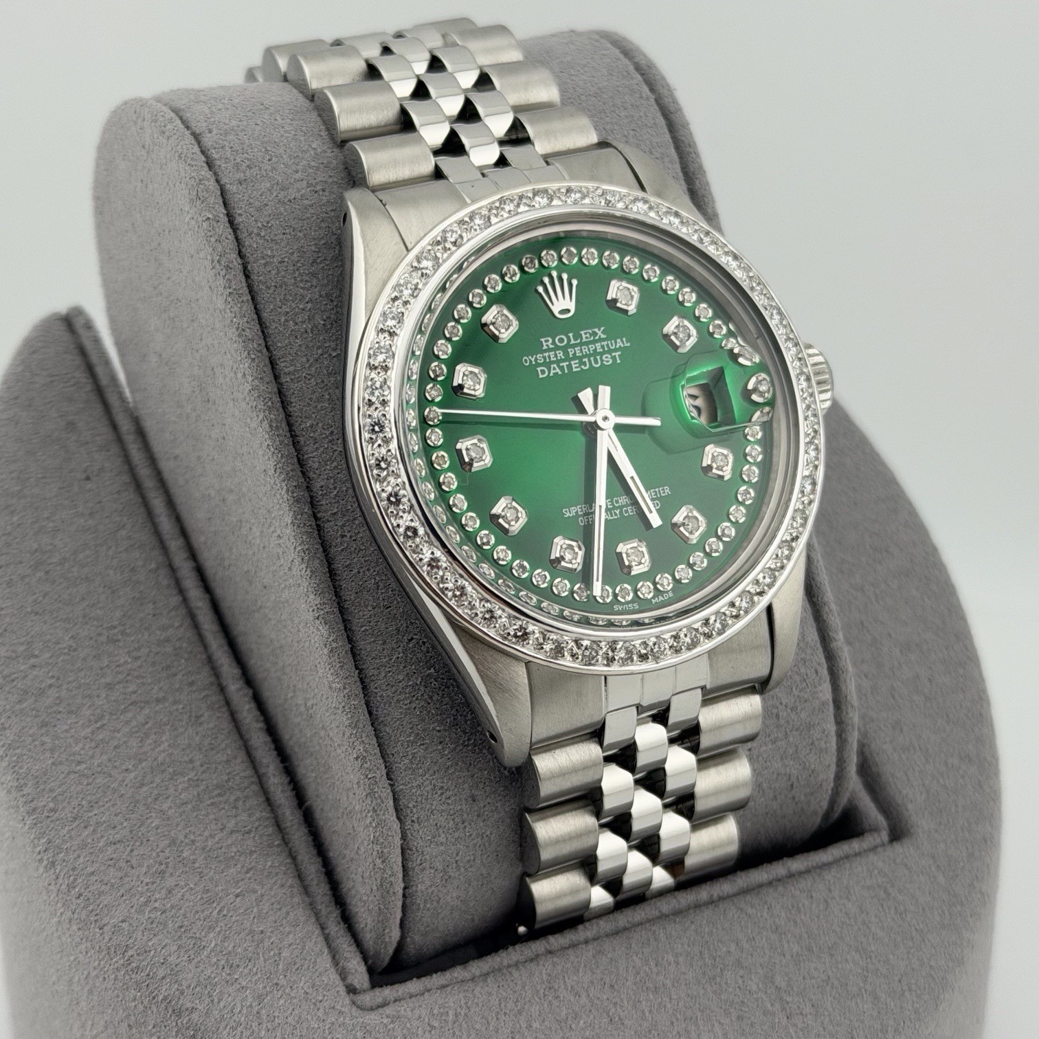 Rolex Datejust 16014 36mm Green Diamond Dial Diamond Bezel Steel Jubilee