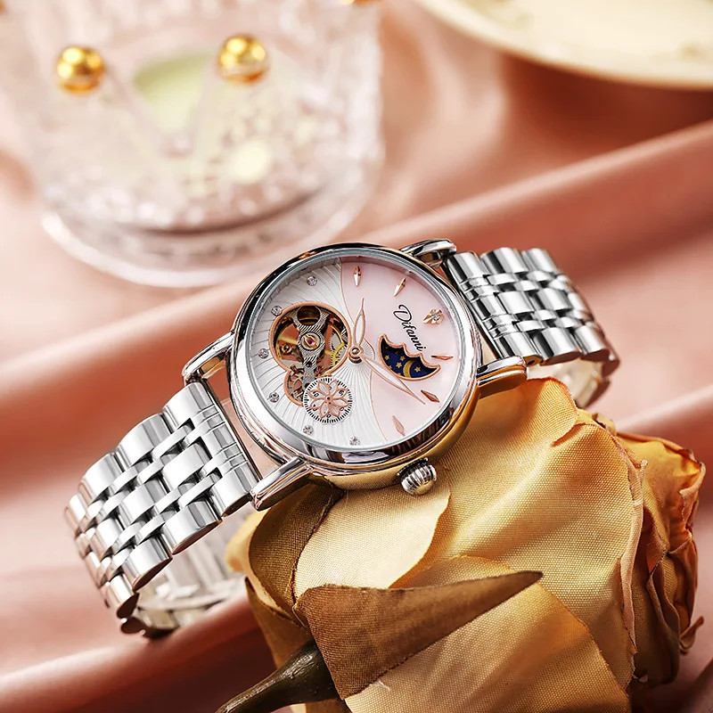 Women’s Automatic Flower Rotating Moonphase Watch Luxury Waterproof Luminous
