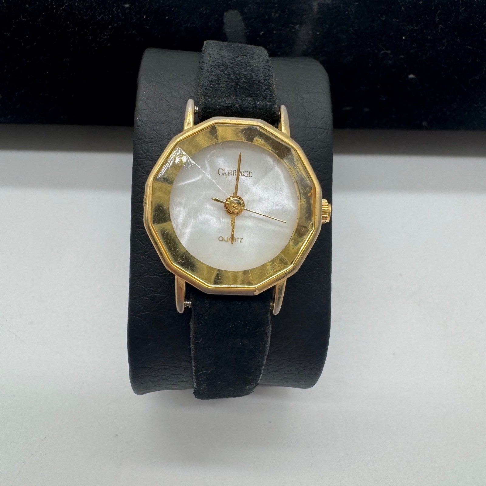 Carriage by Timex Womens Watch Gold Tone Decagon Mother of Pearl Black Leather