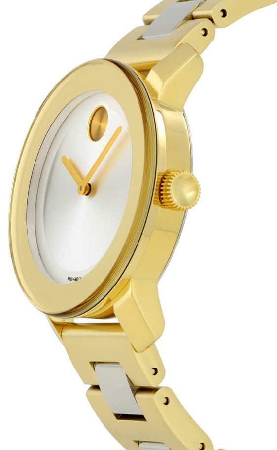 Movado Gold Silver Flat Dot Sunburst Dial Women’s Analog Wrist Watch 3600129