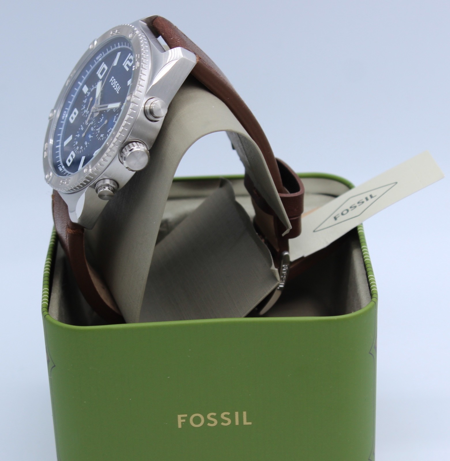 Fossil Brox Silver Blue Chronograph Brown Leather BQ2799 Men Watch