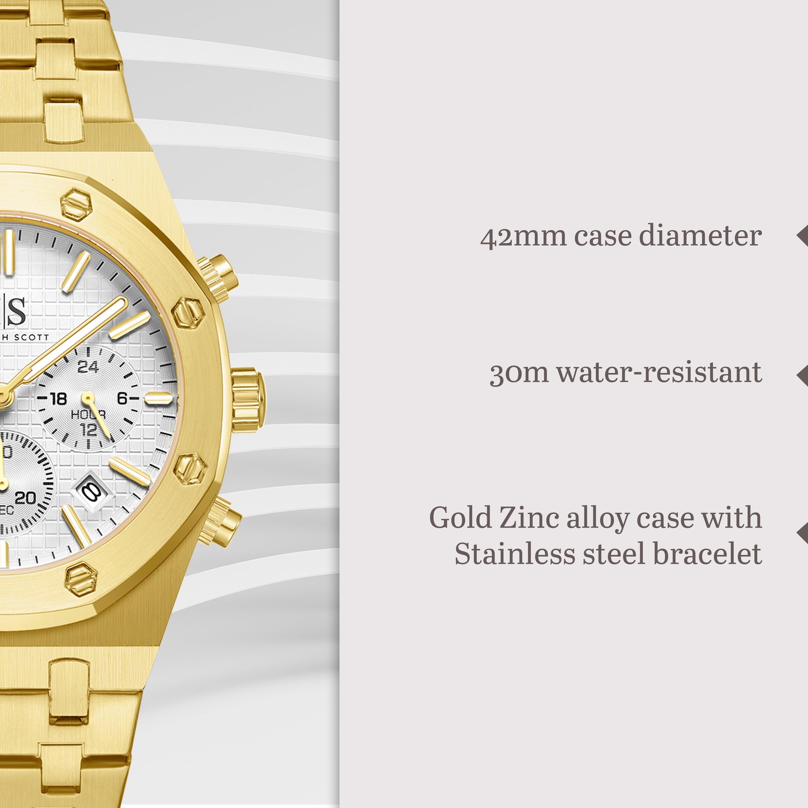 Kenneth Scott Men’s Multi Function Watch | White Dial, 42mm, 30 m (3 ATM)