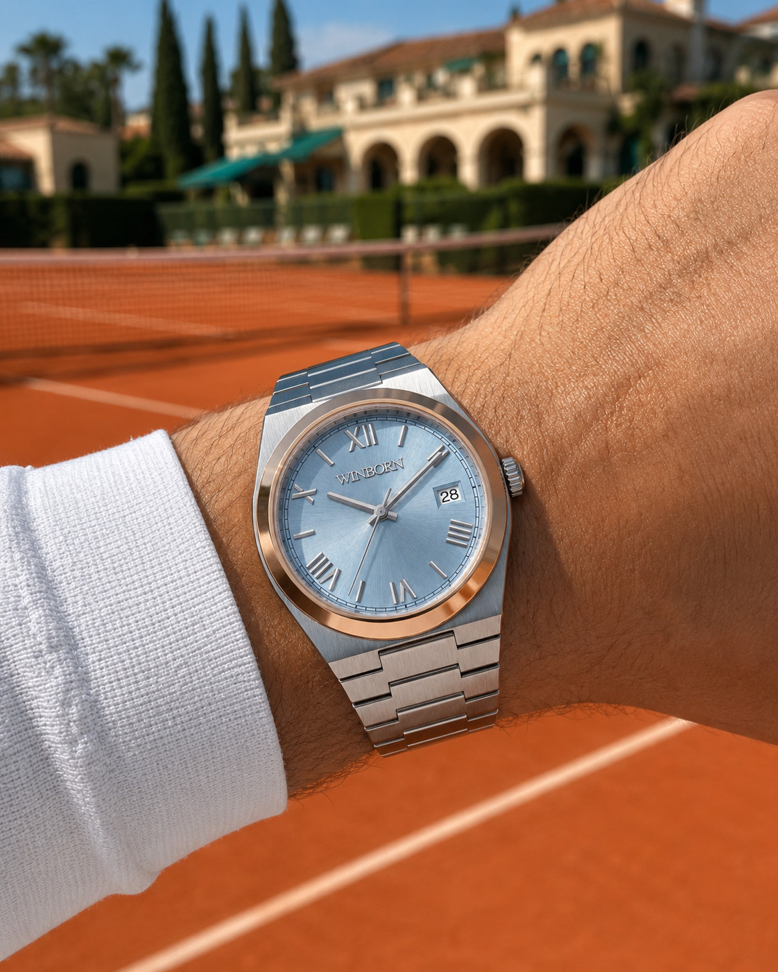 WINBORN Ice Blue Arabic Numeral Date Watch Silver Integrated Bracelet