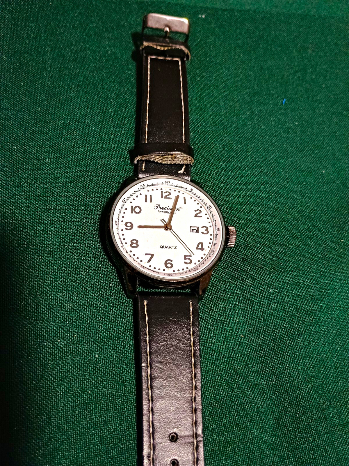 Precision by Gruen Quartz Analog Watch White Dial Arabic Date Black Leather