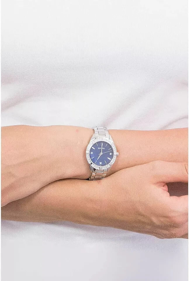 New Bulova Blue Dial Sapphire Crystal Stainless Women’s Diamond Watch $700 W29