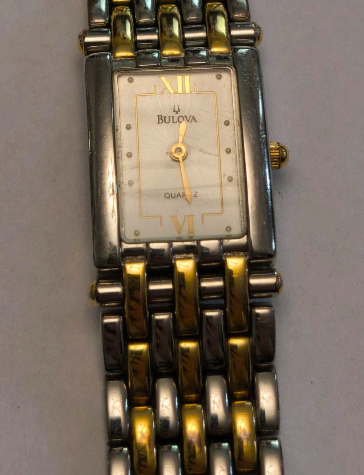 Vintage Bulova Two-Tone Quartz Women’s Watch Rectangle Tank Gold/Silver 39882