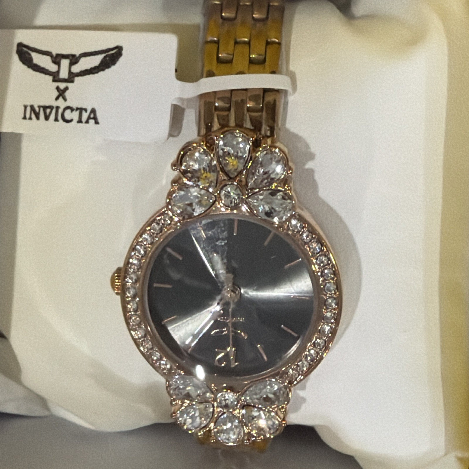 Invicta Women’s Quartz Analog Rose Gold Tone Bracelet Gem-Set Bezel w/ Box