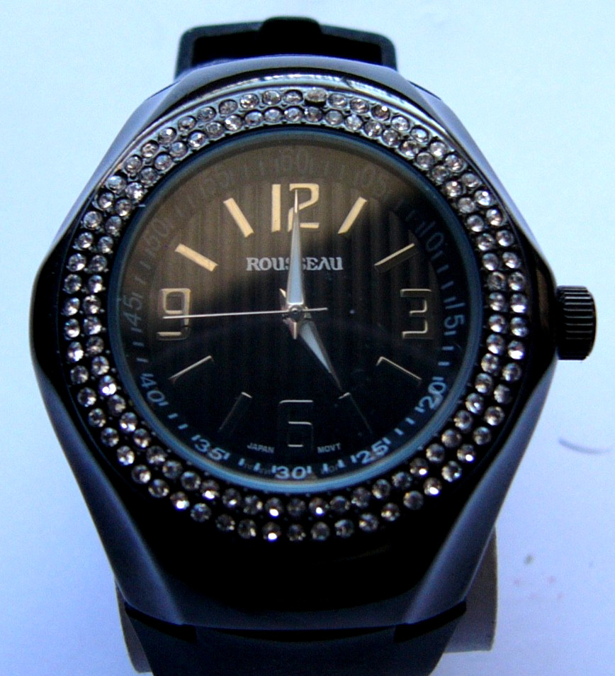 NEW Rousseau 9664 Women’s Mela Collection Swarovski Bezel Black Dial Black Watch